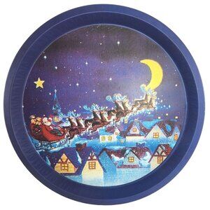 Vintage Christmas Santa Claus & Reindeer Night Sky Round Tin Tray 12" Cookie